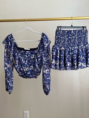 Lavender Brown Hemline Blue Abstract Print Smocked Top & Mini Skirt Set - Women